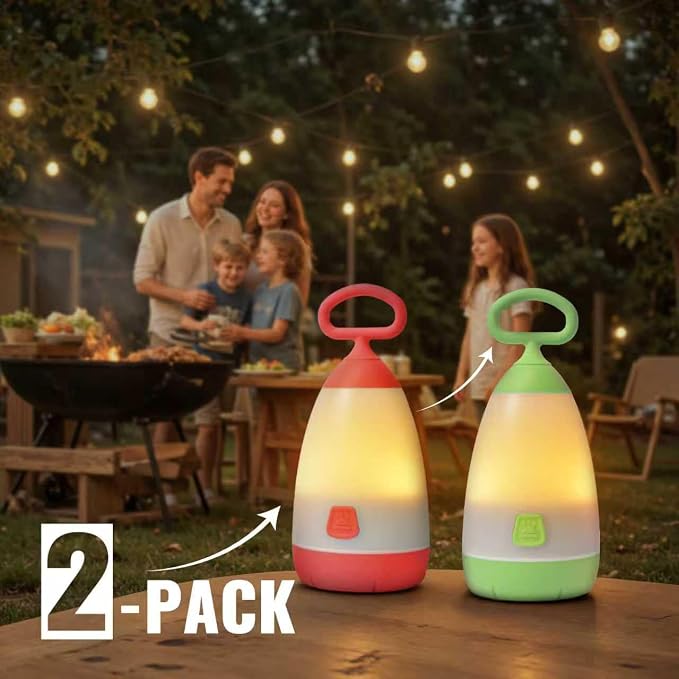 2-Pack Kids Camping Lantern & Night Light, Battery Operated, 360° Eye-Safe Light, IPX4 Waterproof RGB Portable for Family RV Camping (Green & Red, 6× AAA Included)