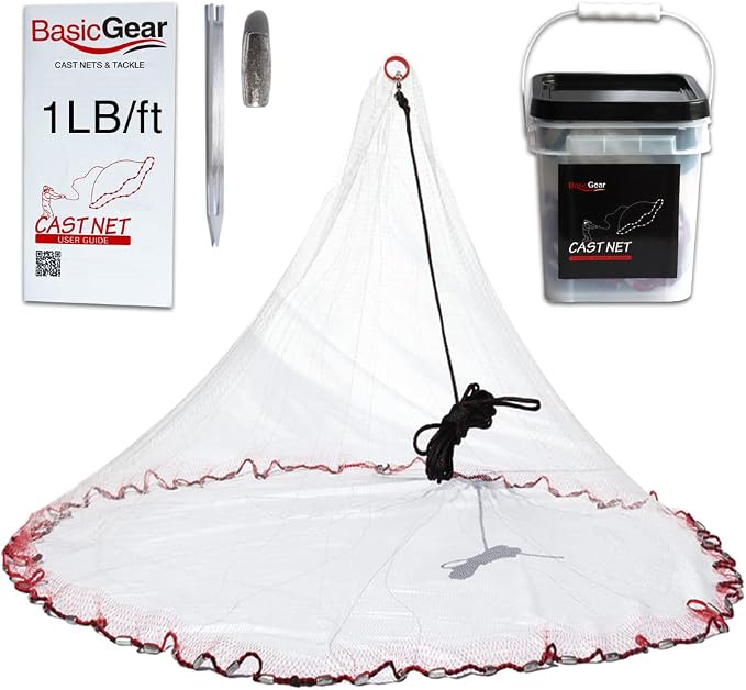 BasicGear Cast Net | Lead, 3ft-12ft Radius, 3/8 or 1/4 inch Mesh for Freshwater and Saltwater Bait Fish| Professional Grade and Upgraded Material | Throw Style