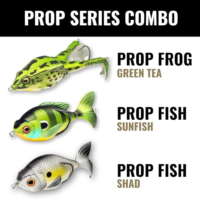 LUNKERHUNT Bass Fishing Lures Kit (3-Pack) - 2 Prop Fish Lures and 1 Prop Frog Lure | Weedless Hooks Hollow Realistic Body, Small Frog Lures & Fishing Lures for bass Fishing Whopper plopper
