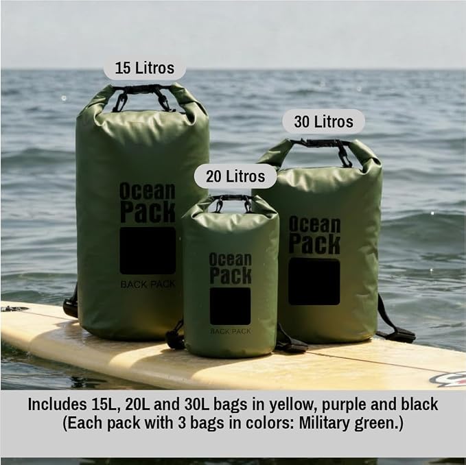 Waterproof Dry Bag Set of 3 (15L 20L 30L) - PVC Roll Top Dry Bags Waterproof - Backpack for Kayaking, Camping, Beach & Travel (Military Green)
