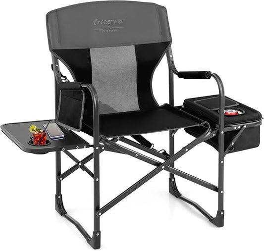 COSTWAY Folding Camping Chair, Heavy-Duty Director Chair Supports 400lbs for Adults with Side Table, Cooler Bag, Storage, Strap, Portable Makeup Chair Suitable for Fishing Picnic