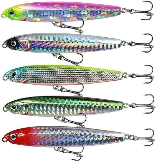 0.49oz/0.35oz Topwater Fishing Lures, 5 Pcs Fishing Lure Saltwater with Storage Box Jerkbait Crankbait Lures for Halibut & Striper Fishing Swimbait for Freshwater and Saltwater Bass Fishing