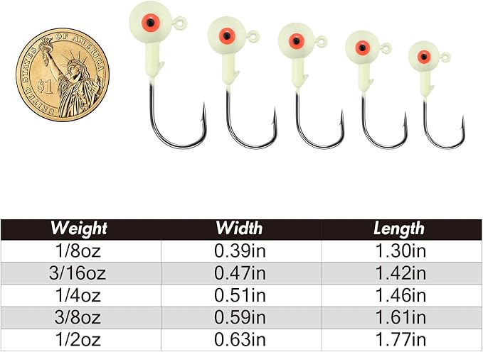 Alwonder 10-Pack Round Fishing Jig Heads, Bass Ball Jigs Hooks 3D Eyes High Carbon Steel 1/8-1/2OZ Pompano Jig Head Saltwater Freshwater Jigs Heads for Fishing Pompano Bass Trout Walleye Striper