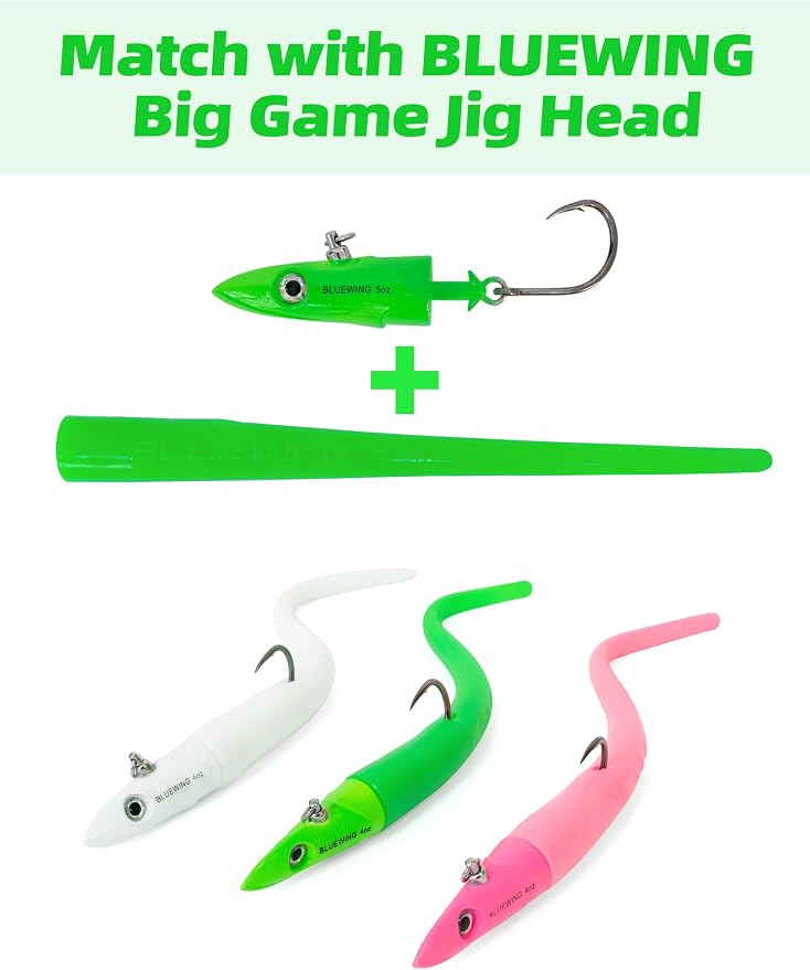 BLUEWING Jig Heads Saltwater 2oz,3oz,4oz,5oz,6oz,7oz Swimming Jigheads 1pc with High Carbon Steel Swing Hook and 6in/9in Replacement Tail Big Game Fishing Lures