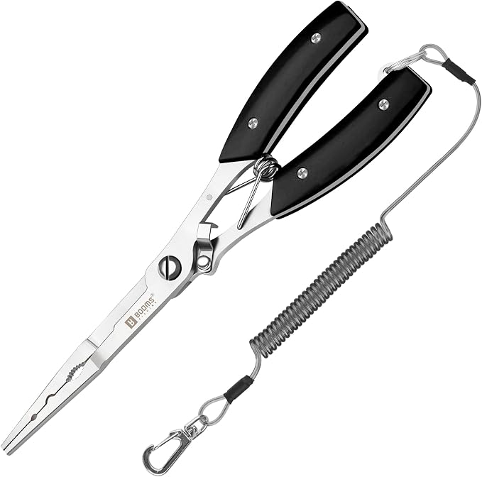 Booms Fishing Pliers Hook Remover: 8" Long Nose Fish Pliers Stainless Steel for Saltwater - Braid Line Cutters with Coiled Lanyard and Safety Lock Design, Multi-Function Fishing Tool For Men, H06