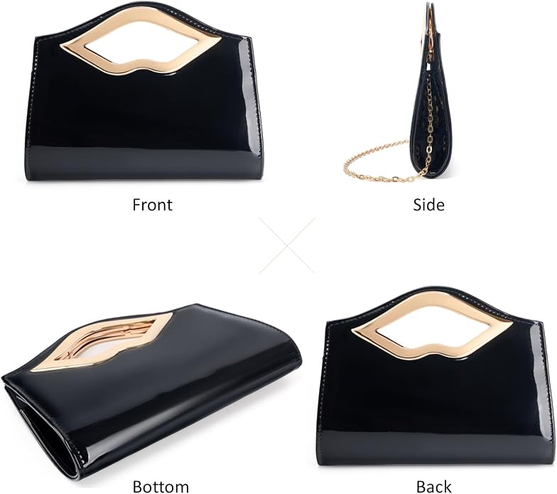 DETARA Patent Leather Evening Clutch Purse for Women Lip Metal Grip Handle Handbag for Cocktail Party Prom