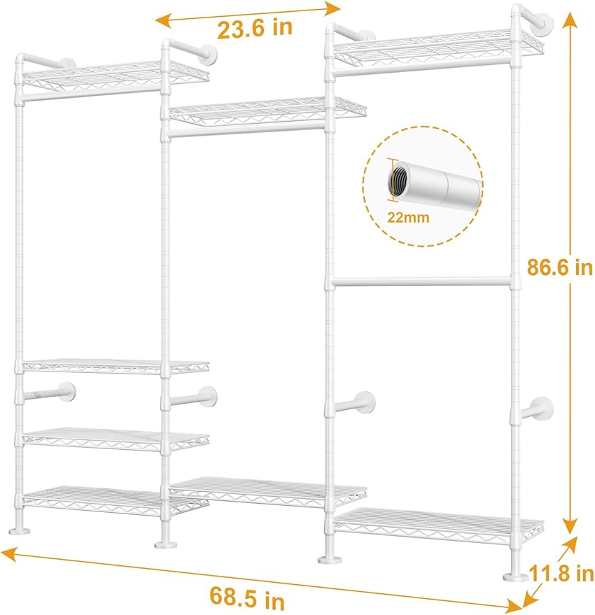 M6 Clothes Rack for Wall Mounted, Heavy Duty Closet Wardrobe System with 8 Shelves and 4 Hanger Rods, 68.5" W x 11.8" D x 86.6" H Clothing Storage Organizer for Holding 1064lbs, White