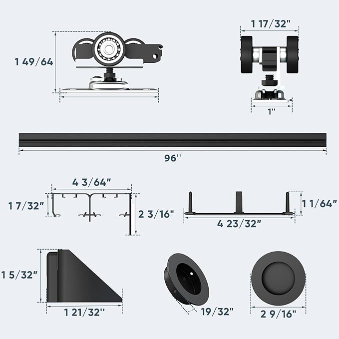 JUBEST 8FT Heavy Duty Bypass Door Hardware with Finger Pulls,Sturdy Aluminum Sliding Closet Door Track for 2 door System,Quietly and Smoothly,Fit Door Thickness 1 3/8" or 1 3/4",Easy to Install, Black