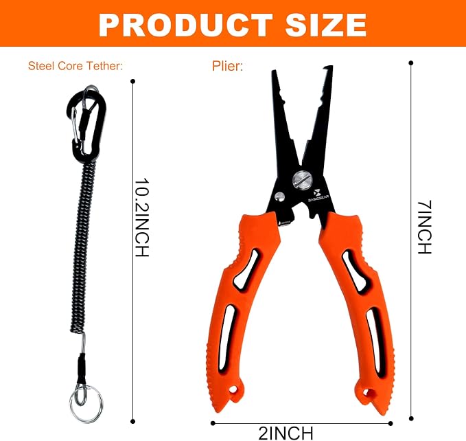 BasicGear Multi-Functional Fishing Pliers - 7" 420 Stainless Steel Head with Teflon Coating, Built-in Spring & Lock, Non-Slip Rubber Grip