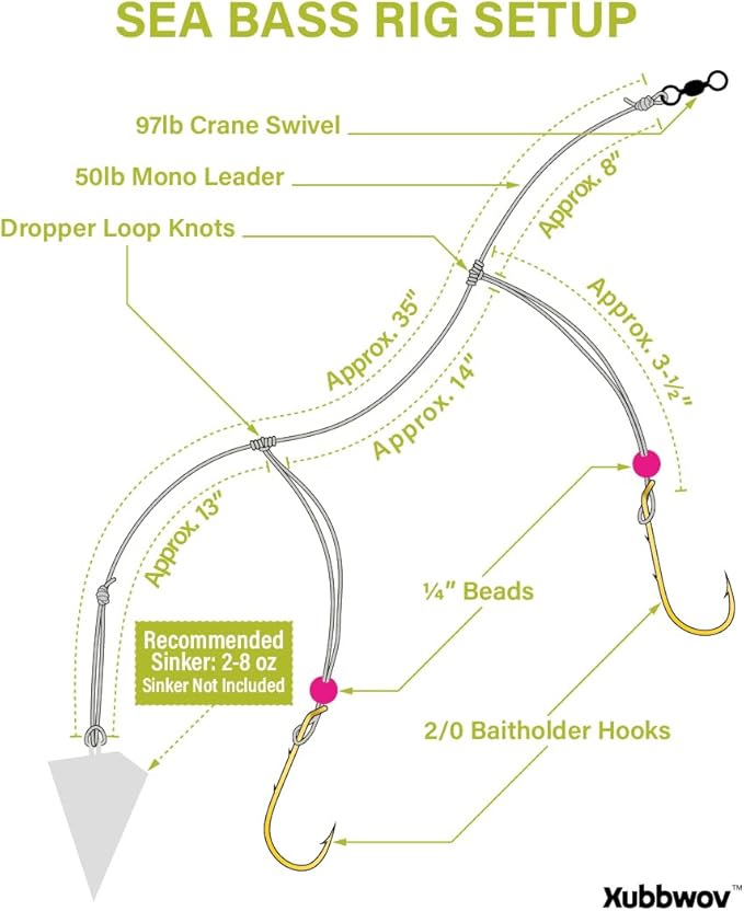 Sea Bass Rigs, Hand-Tied 6-Pack Hi-Lo Saltwater Fishing Rigs with 2/0 & 3/0 Gold Baitholder Hooks, 50lb Mono Leader, Sinker Loop & 97lb Swivel for Porgy, Fluke, Tautog and Bottom Fishing