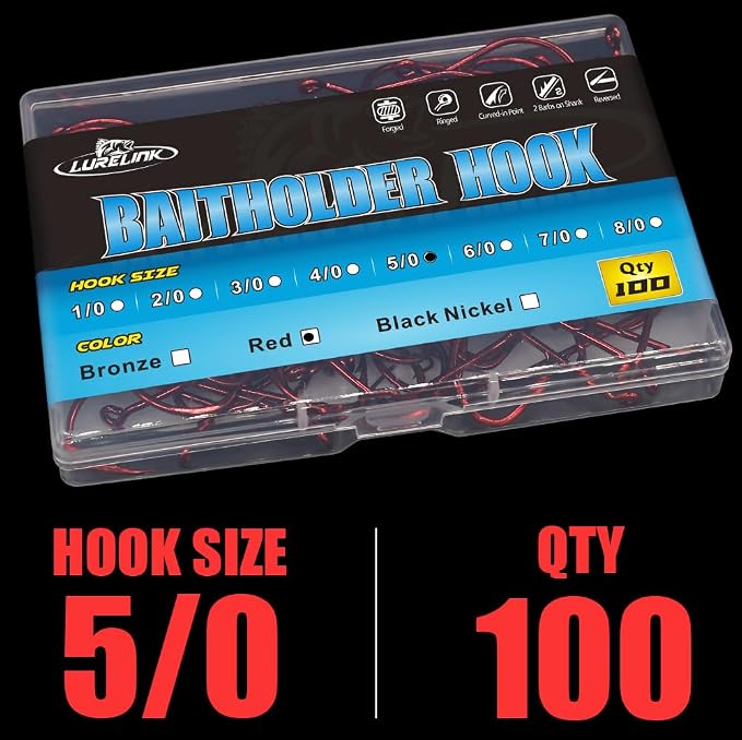 Baitholder Fishing Hooks 100 Pack - Double-Barbed Long Shank for Bluegill Bass Trout Walleye Black/Red, 8/0-#8