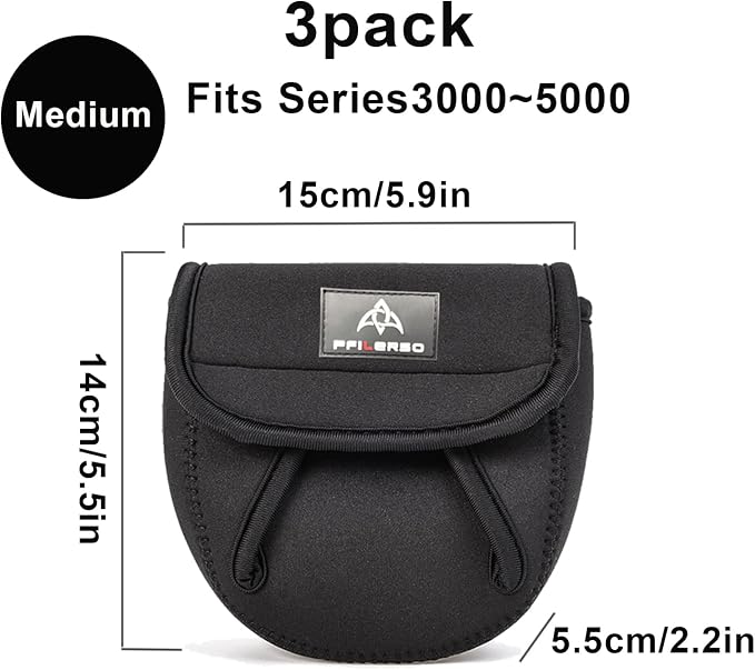 PFIERSO 3Pcs Fishing Spinning Reel Covers Bag Baitcasting Trolling Fishing Reel Protective Case Pouch Sleeve Gloves Fishing Bags Fits 1000-8000 Series Reel 3Size (Meidum-3Pack)