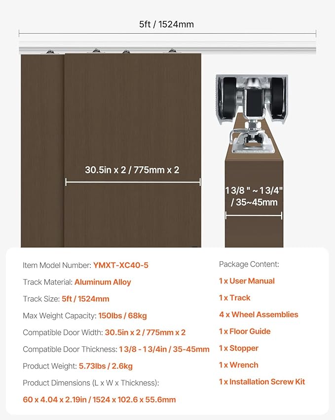 VEVOR Bypass Door Hardware, 5ft Heavy Duty Bypass Sliding Door Hardware Kit, Aluminum Alloy Sliding Closet Door Hardware Set for 2 Door System, Fit Door Thickness 1 3/8" - 1 3/4", Easy to Install