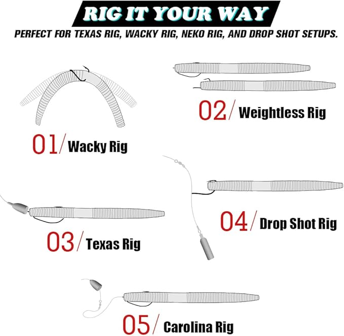 Wacky Worms Soft Plastic for Bass Fishing Lures–100 Pack 4" & 5" Stick Baits Wacky, Texas, Neko & Drop Shot Rigs–Bulk Soft Lure