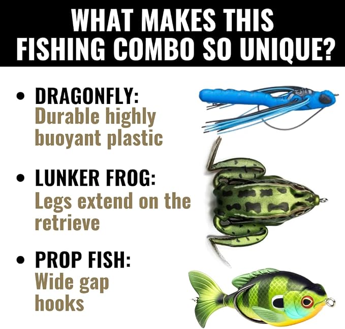 Lunkerhunt TOPCOM01 Topwater Combo – Assortment | Dragonfly, Lunker Frog, & Prop Fish | Durable Fishing Lures
