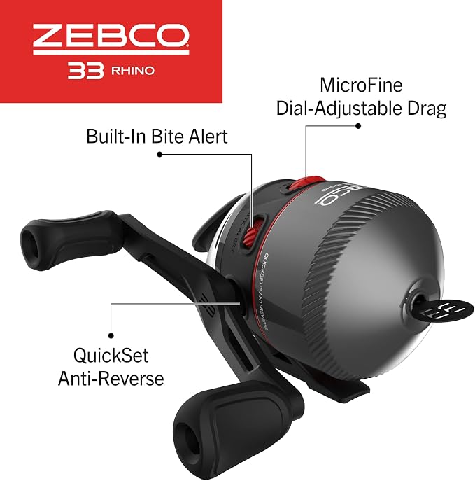 Zebco 33 Rhino Tough Spincast Reel and 2-Piece Fishing Rod Combo, Durable E-Glass Rod with ComfortGrip Handle, Quickset Anti-Reverse Fishing Reel with Bite Alert