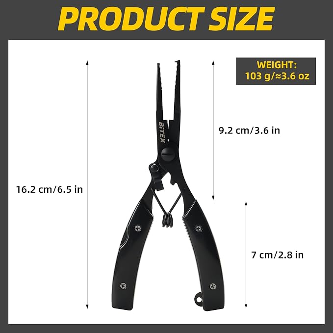 BiteX Saltwater Fishing Pliers with Split Ring Tip and Braid Cutter | Titanium-Coated Stainless Steel, Braid Line Cutter, Hook Remover & Knot Tying Tool, One-Hand Operation, Lanyard & Sheath