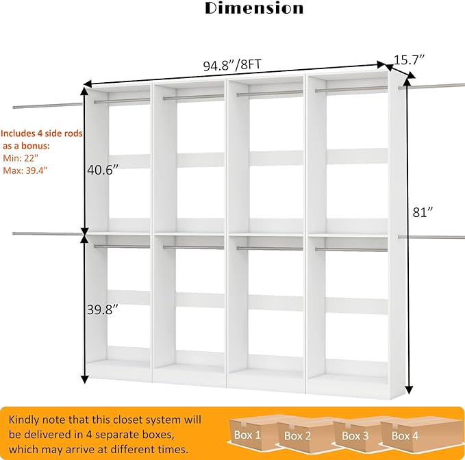 Closet System, 8FT Closet Organizer System Small Wood Walk-in Closet Freestanding System Corner Closets Shelf Storage with 12 Hanging Rods, Modular Closet Systems White (8FT)