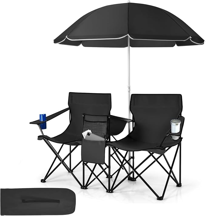 Tangkula Double Camping Chairs with Umbrella, Portable 2 Seat Folding Camp Chair with Cooler Bag, Beverage Holder, Carrying Bag, Foldable Lawn Chair for Outside, Fishing, Picnic, Beach