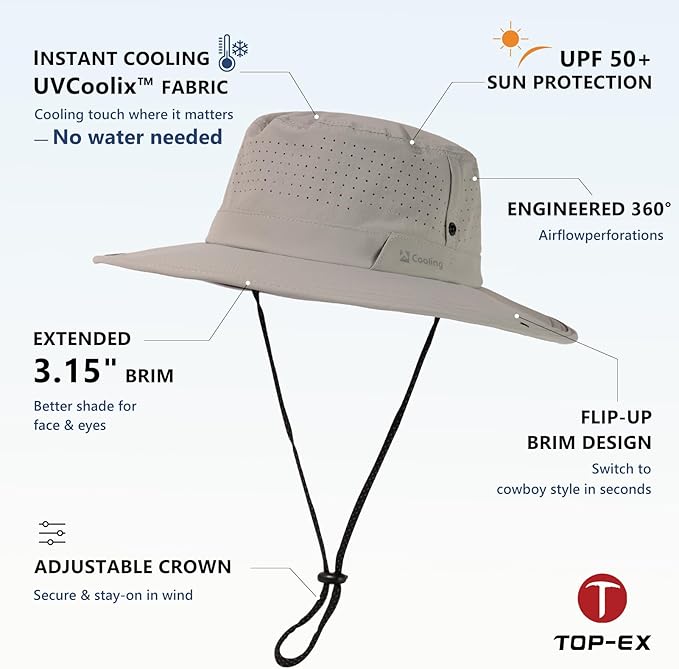TOP-EX UVCoolix™ Cooling Sun Hat for Men Women, UPF 50+ Wide Brim Safari Hat, 360° Breathable Boonie Hats for Hiking, XL/XXL