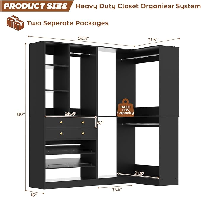 Closet System with 2 Drawers, 3 Hanging Rods, 59.5" * 31.5" Closet Organizer System with Corner Tower, Reversible L Shaped Walk-in Closet System, Corner Closet System Set of 2, Black
