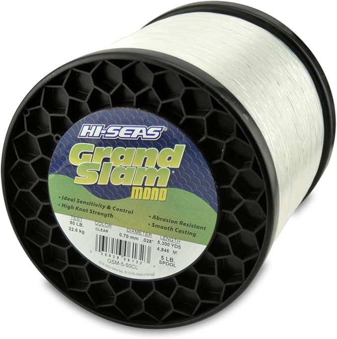 HI-SEAS Grand Slam Monofilament Fishing Line - Strong & Abrasion Resistant in Clear, Pink, Green, Smoke Blue, Fluorescent Yellow Freshwater & Saltwater - 5 lb Spool