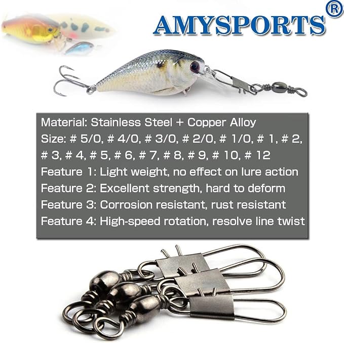 AMYSPORTS Fishing Tackle Barrel Swivel Snap High Strength Snap Swivel Saltwater Stainless Steel Fishing Barrel Snaps Interlock Snaps Freshwater Leader Lure Connnector Accessories