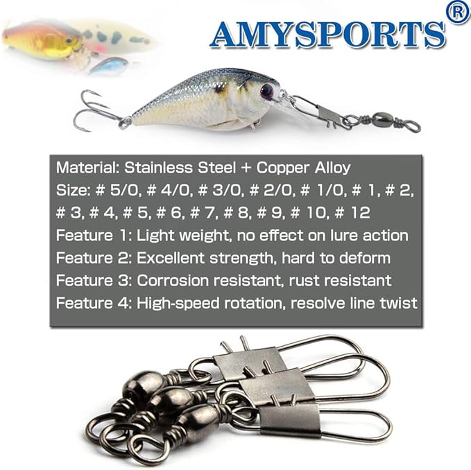 AMYSPORTS Fishing Tackle Barrel Swivel Snap High Strength Snap Swivel Saltwater Stainless Steel Fishing Barrel Snaps Interlock Snaps Freshwater Leader Lure Connnector Accessories