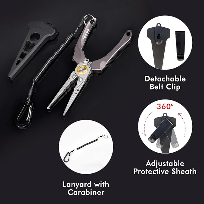 TRUSCEND Easy Use Lockable Fishing Pliers with Tungsten Carbide Cutter, Innovative Ergonomic Handy Handle, Saltwater Corrosion Resistant Teflon Coated Fishing Tool, Light Multi-Function Fishing Gear