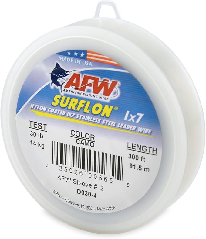 American Fishing Wire Surflon Nylon Coated 1x7 Stainless Steel Wire Leader - Wire Fishing Leader Line for Saltwater 10lb Up To 250lb Test in Bright, Black, Camo in 30ft, 100ft, 300ft, & 1000ft Lengths