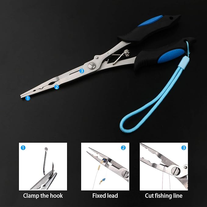 mouhike Fishing Pliers Long Nose Stainless Steel Fish Hook Remover Braid Cutters Split Ring Fish Pliers with Lanyard Fish Holder Ice Fly Fishing Gear Freshwater Saltwater Fishermen Gift
