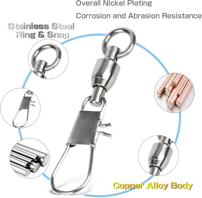 AMYSPORTS Stainless Steel Fishing Swivel Snap Ball Bearing Snap Swivels Fishing High Strength Saltwater Swivels Snaps Interlock Fishing Tackle Swivel Fishing Line Connector