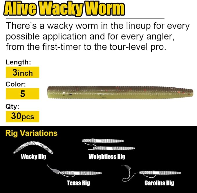 Wacky-Worms-Bass-Fishing-Lure-Kit-Wacky-Rig-Worms-Soft-Plastic-Stick-Baits3 4" 5" 6 inch