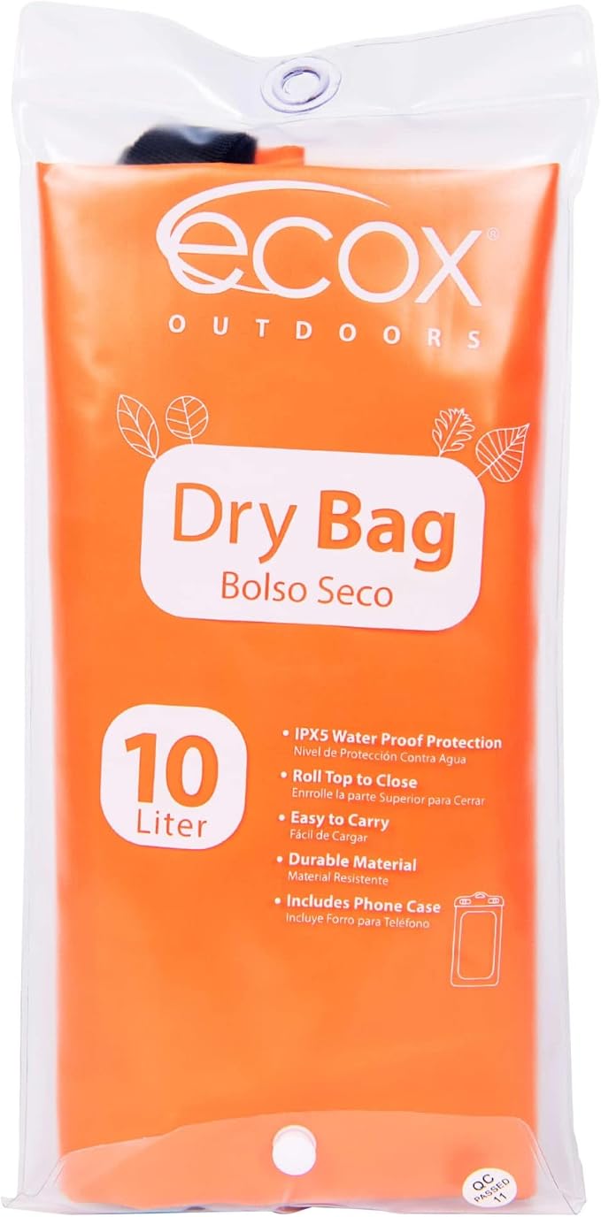 ecox Outdoors Waterproof Dry Bag for Outdoors Activities High Grade 500D PVC Construction Includes Waterproof Phone Case and Side Strap for Easy Carry 10L Orange DB10LOR