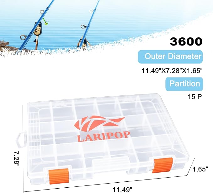 LARIPOP 2-Pack 3600 Fishing Tackle Boxes, Clear Plastic Storage Trays with Adjustable Dividers, Organizer for Lures, Hooks, Sinkers, Jigs & Fishing Accessories