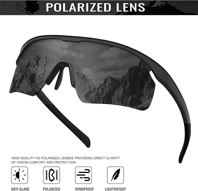 Polarized Sports Sunglasses for Men Women, UV400 One-Piece Lens Sport Shades for Baseball, Running, Cycling, Fishing