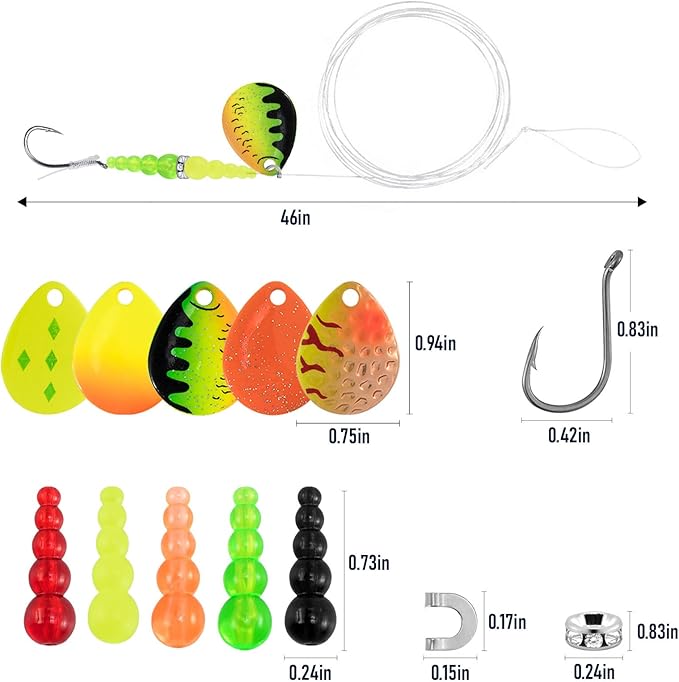 Alwonder 5PCS Walleye Rigs Wedding Ring Fishing Lures, Colorado Blades Stacked Fishing Beads Octopus Hooks Pre-Rigged Bait Rig, Crawler Harness Walleye Kokanee Salmon Spinner Rigs Kit 46IN 30LB Mono