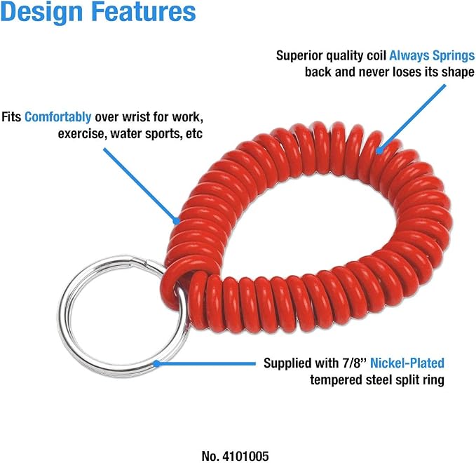 Lucky Line 2” Spiral Wrist Coil with Steel Key Ring, Flexible Wrist Band Key Chain Bracelet, Stretches To 12”, Assorted Colors, 5 Pack (4101005)