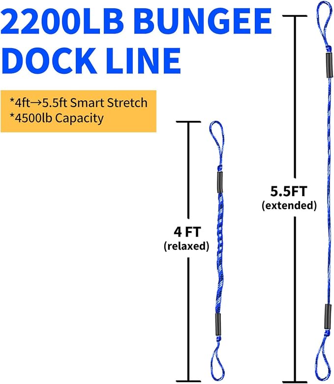 Bungee Dock Lines for Boats with Loops, Boat Tie Downs for Docking, Adjustable Boat Mooring Rope for Pontoon, Jon Boat & PWC (4-Pack, Blue, Black & White, 4 FT)