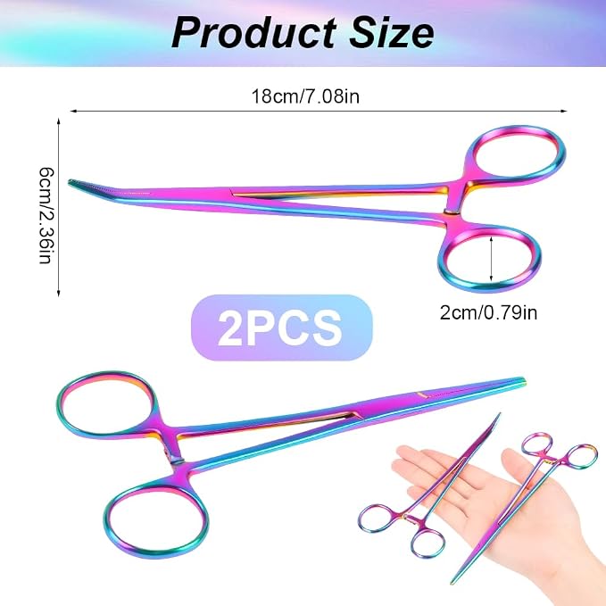 Ainiv 2 Piece Hemostat Curved and Straight Stainless Steel Self-Locking Fishing Forceps Piercing Remover Tool Piercing Grabber Tool for Nurses Pet Grooming Care Fishing DIY Crafting (Colorful, 7")