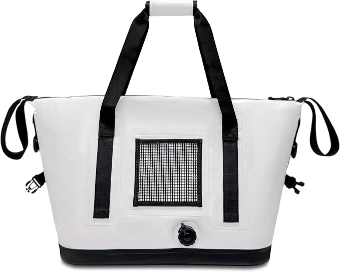 Buffalo Gear Fish Cooler Bag – 37Qt Seamless Insulation Fish Kill Bag, Keeps Ice Cold Up to 36 Hours, Foldable & Waterproof with Rod Attachment Straps & Gear Loops, White