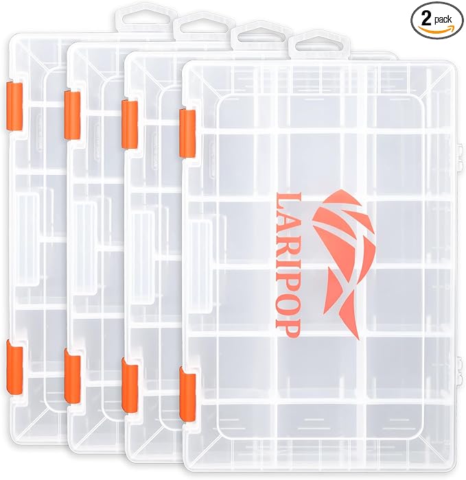 LARIPOP 4-Pack 3600 Fishing Tackle Boxes, Clear Plastic Storage Trays with Adjustable Dividers, Organizer for Lures, Hooks, Sinkers, Jigs & Fishing Accessories