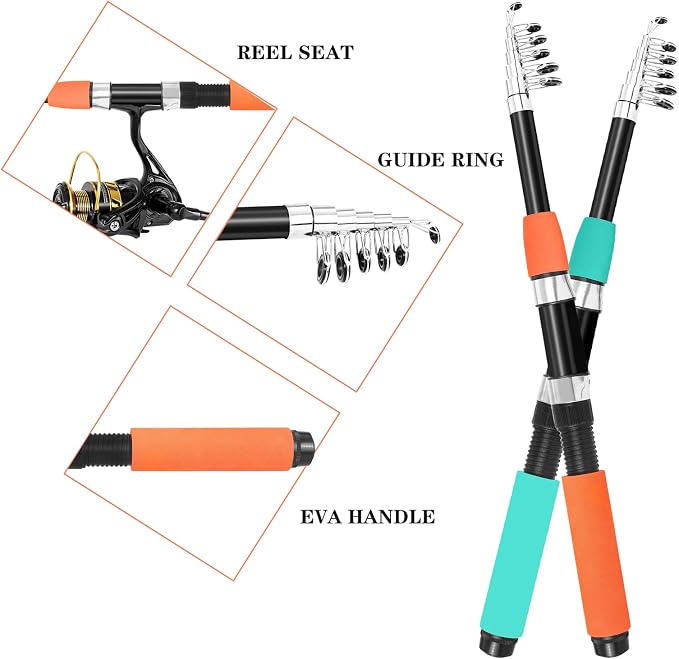 Telescopic Fishing Rod and Reel Combo Set, 2PCS Collapsible Fishing Poles, Fishing Kit with Spinning Reel, Travel Saltwater Freshwater Fishing Gear for Adults Beginners
