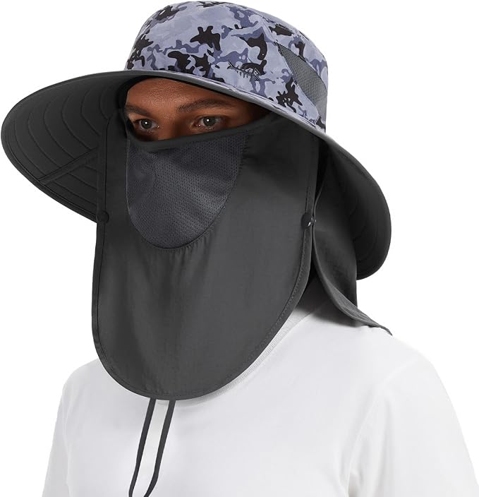 BASSDASH UPF 50+ Breathable Sun Hat with Removable Face Cover and Neck Flap Wide Brim Bucket Hat for Fishing Hiking Men Women