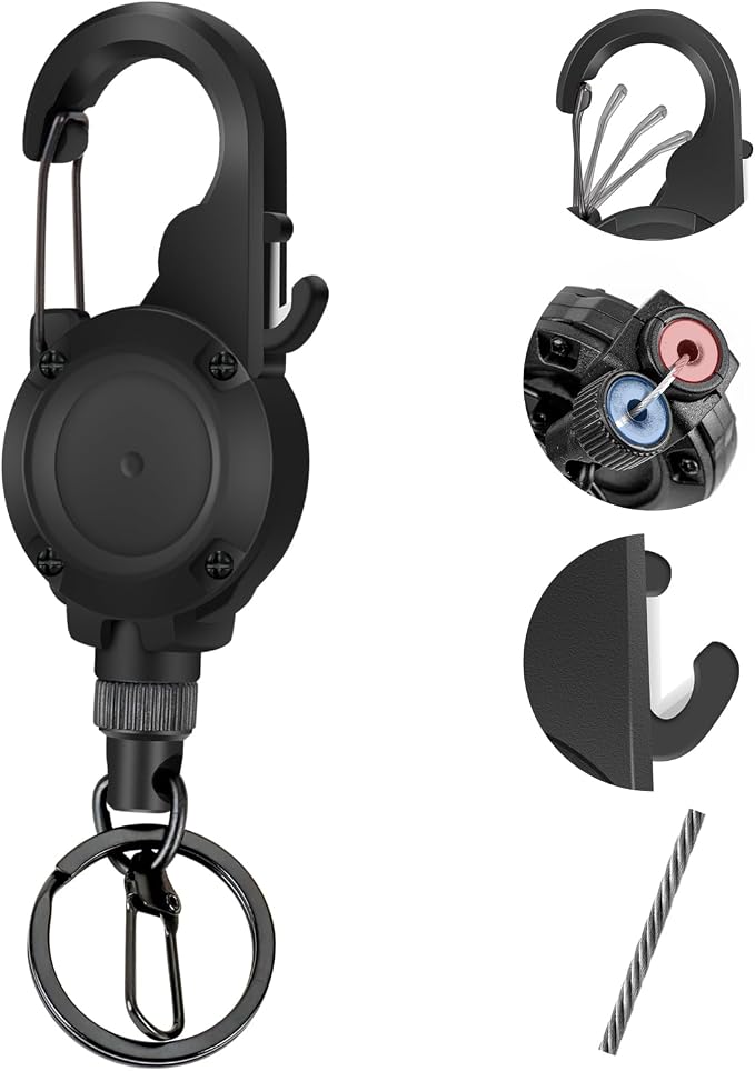Fly Fishing Zinger Retractor,26" Stainless Steel Wire Rope, with Integrated Line Cutter and Magnetic Closure,360° Rotation Keychain & Carabiner Clip for Fly Fishing,Cycling,Hiking