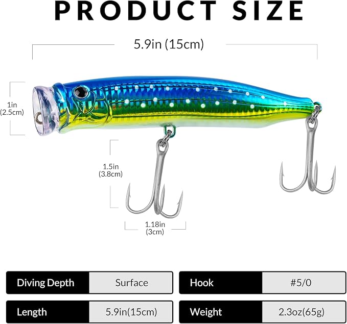 THKFISH Popper Lures Saltwater Tuna Popper Topwater Fishing Lures for Surf Fishing Bass with 3D Eyes for GT Tuna Large Fish 5.9in 1pc/3pcs