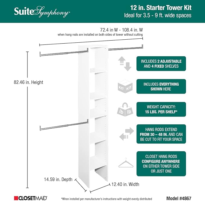 ClosetMaid 4867 SuiteSymphony 12-Inch Starter Tower Kit, Pure White