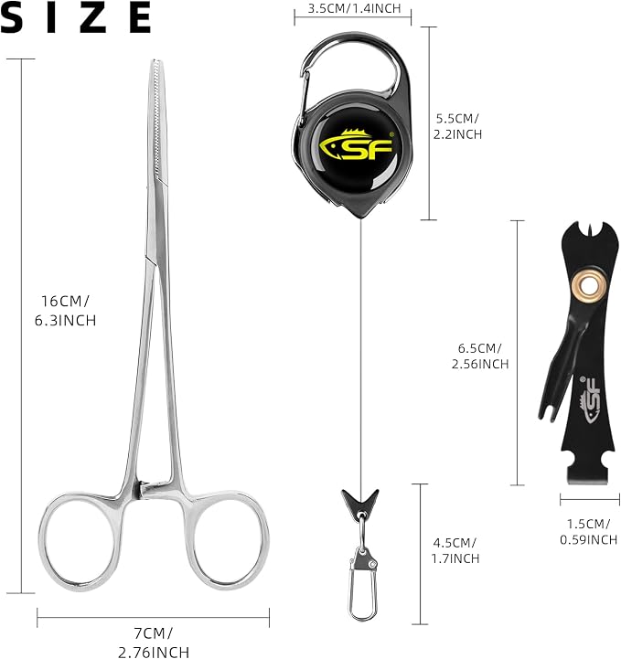 SF Fly Fishing Tools Kit Includes a Fishing Knot Tool and Line Clipper, Zinger Retractor and Hook Remover Forceps.