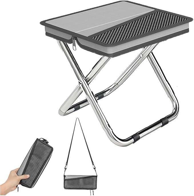 2 in 1 Collapsible Camping Stool & Sling Bag, Aluminum Alloy Frame, 220LB Load Capacity, Portable Folding Fishing Stool for Outdoor Activities, Grey (Medium)