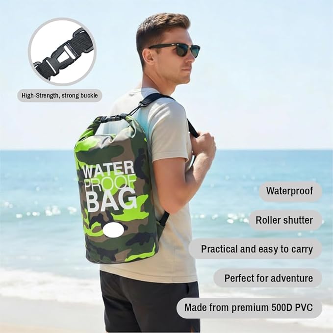 Waterproof Backpack Roll Top Dry Bag Set of 3 (2L 5L 10L) – PVC Dry Bags Waterproof for Kayaking, Camping, Beach & Travel – Floating Outdoor Dry Sack (Camouflage Orange, Dark Blue, Green)